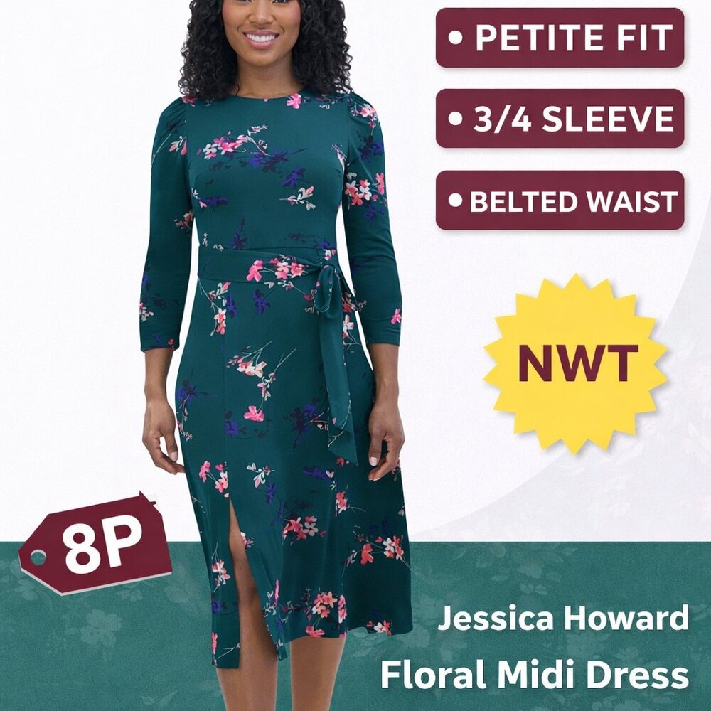 Jessica Howard Petite Green Floral Knit Midi Dress 8P NWT Belted Slit 3/4 Sleeve